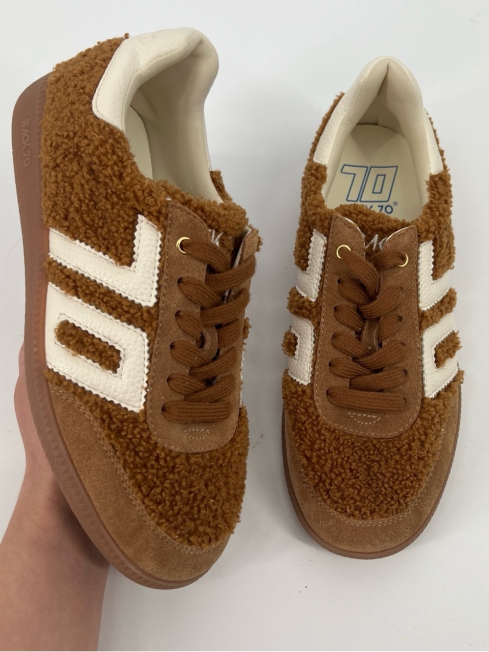 Back70 Faux Shearling Brown Cream Accent Athleisure Lace Up Women's Sneakers 38